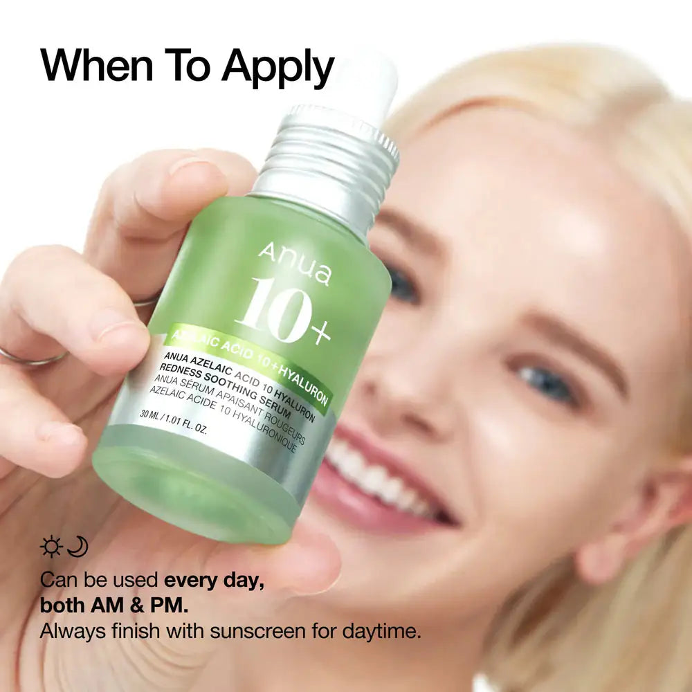 Anua Azelaic Acid 10 Hyaluron Redness Soothing Serum Azelaic zuur 10+ hyaluronserum vastgehouden, groen flesje met dop