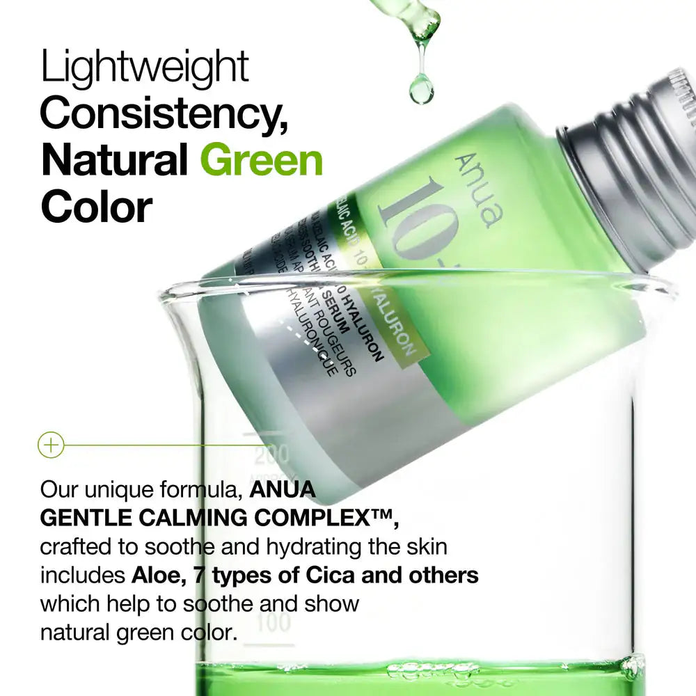 Anua Azelaic Acid 10 Hyaluron Redness Soothing Serum Azelaic zuur 10+ hyaluronserum met groene vloeistof in fles, druppel