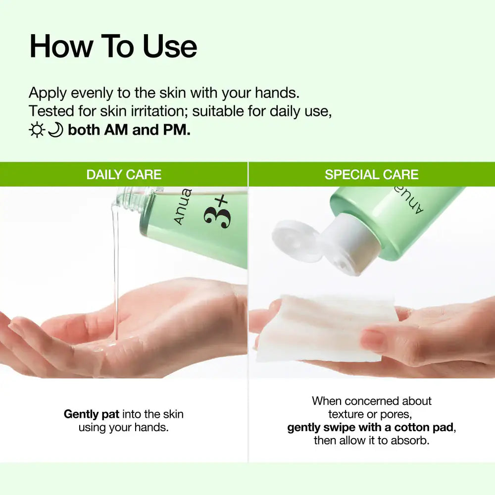 Anua Azelaic 3 Cica Skin Clarifying Toner Lichtgroene Anua tonerflacon in gebruik, met handen die toner aanbrengen.