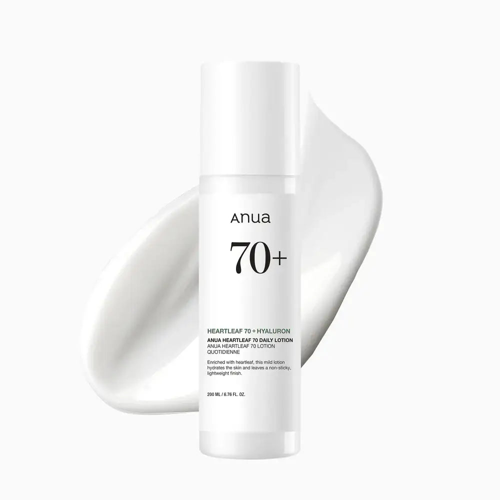 Anua Heartleaf 70% Daily Lotion Witte lotionfles met opzetpomp en etiket met “70+” van Anua
