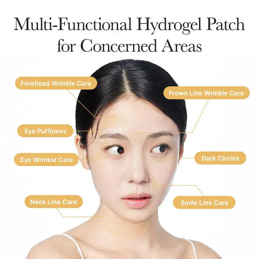 ARENCIA Retinal Boosting Eye Mask Hydrogel oogpatches op gezicht van model, met patches rond ogen
