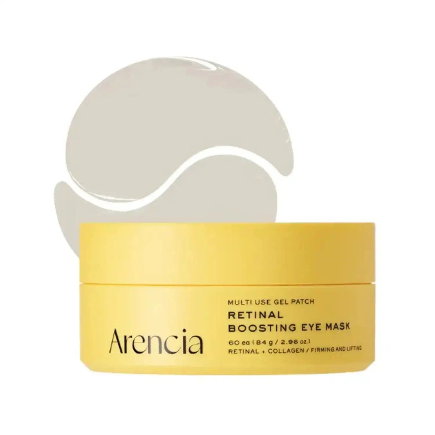 ARENCIA Retinal Boosting Eye Mask Hydrogel oogmaskerpot met gele deksel en verpakking van Arencia
