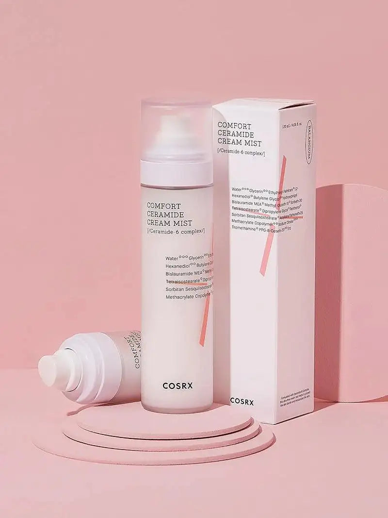 Ceramide crème-mistfles en kartonnen verpakking, witte flessen met roze strip