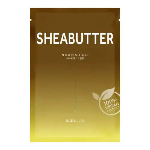 Sheabutter vegan masker sachet met 'SHEABUTTER' en '100% vegan product'.