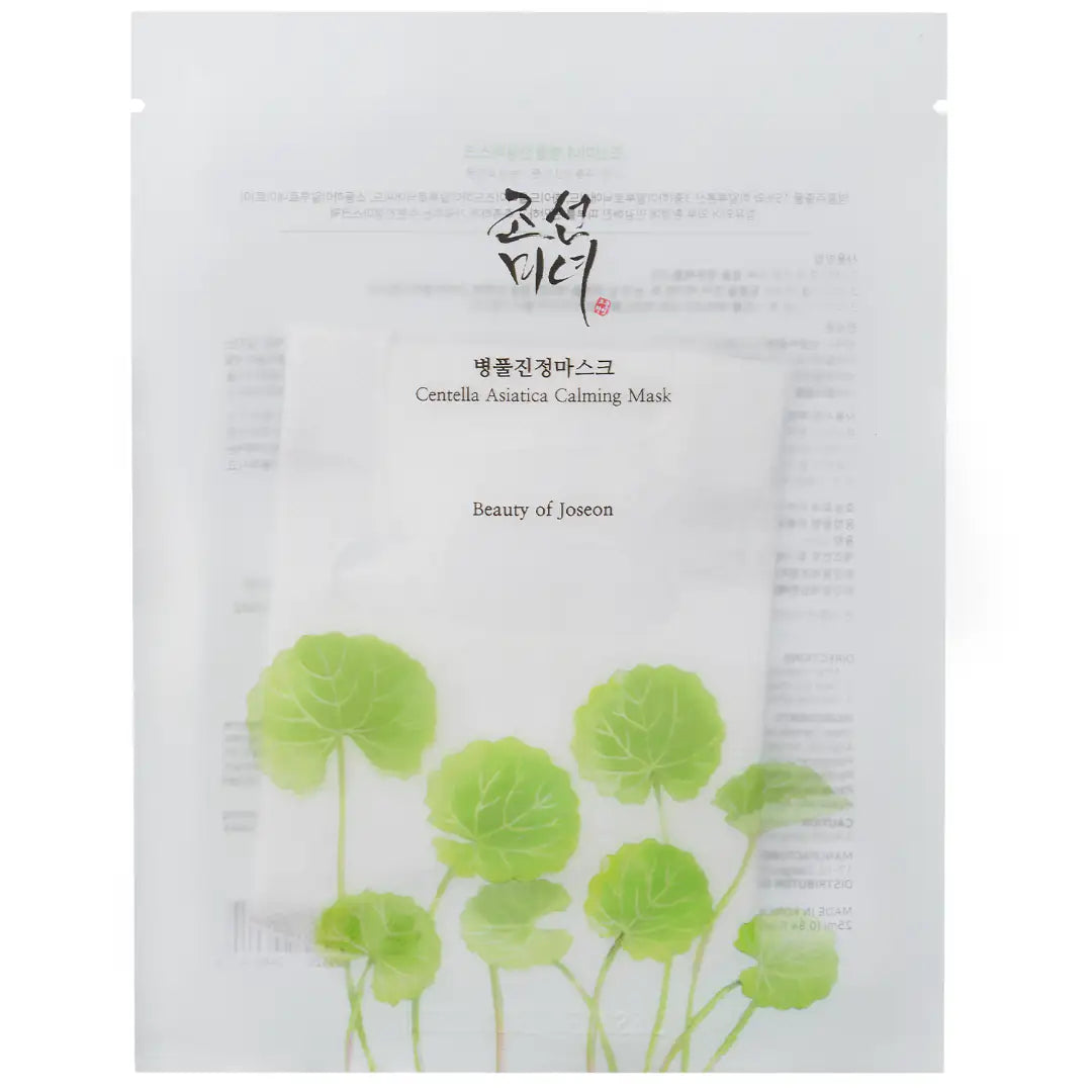 Beauty of Joseon Centella Asiatica Calming Mask Kalmerend gezichtsmasker sachet met groen bladontwerp en opschrift