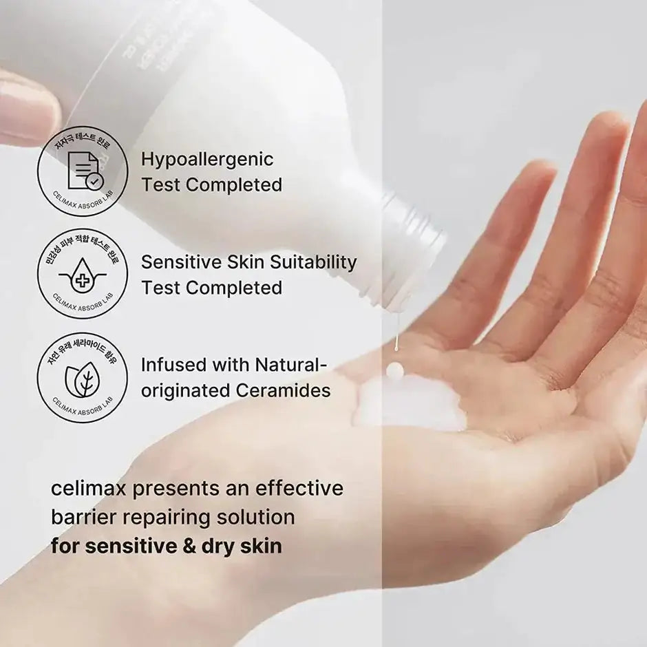 Celimax Dual Barrier Creamy Toner Crèmige toner op de hand, uit flacon van celimax