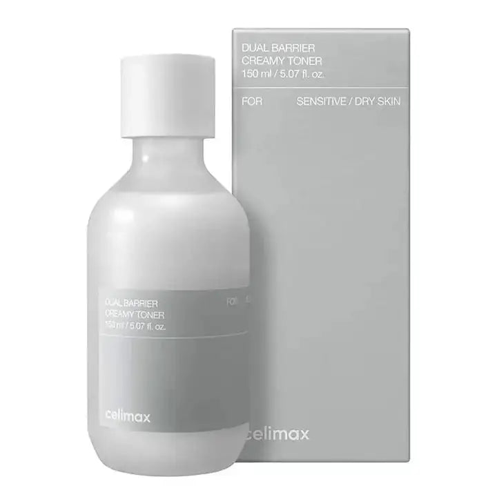 Celimax Dual Barrier Creamy Toner Crèmige tonerflacon en doos van celimax, met wit dopje
