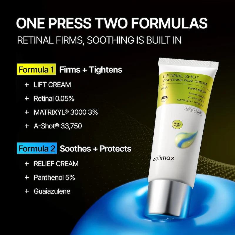 Dual formule overzicht (zwarte achtergrond) Celimax THE VITA-A Retinal Shot Tightening Dual Cream – Formule 1 stevigt en strakker, Formule 2 kalmeert en beschermt