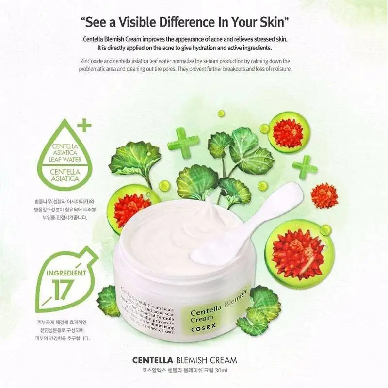 Centella-blemishcrème pot met witte crème en illustraties van ingrediënten