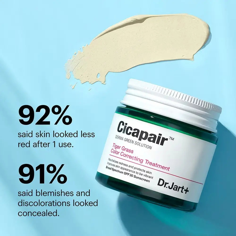 Dr. Jart+ Cicapair Tiger grass color correcting treatment Cicapair tijgergras kleurcorrecterende treatment met beige crème swatch naast pot