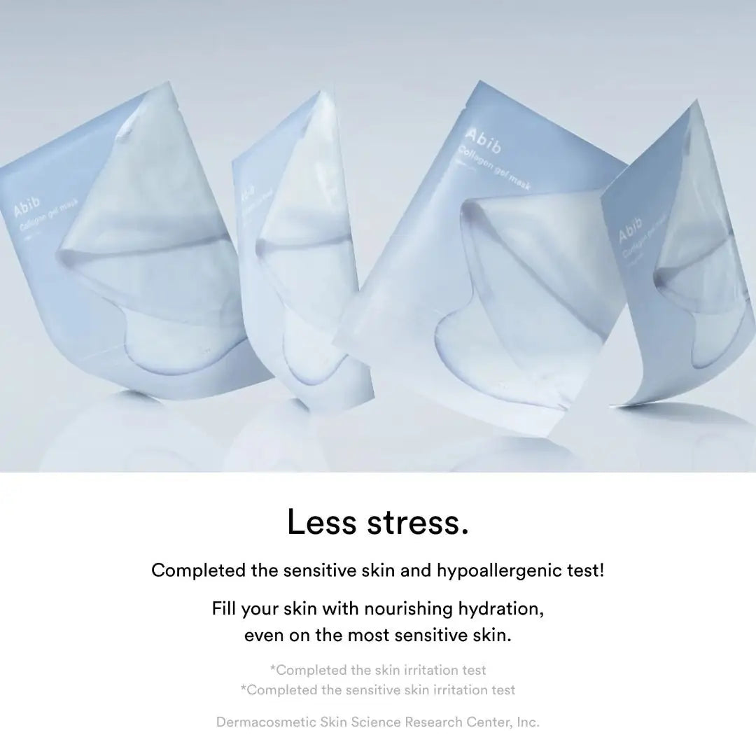 Abib Collagen Gel Mask Sedum Jelly Meerdere collageengelmaskers met sedumjelly uitgevouwen uit verpakking, lichtblauw