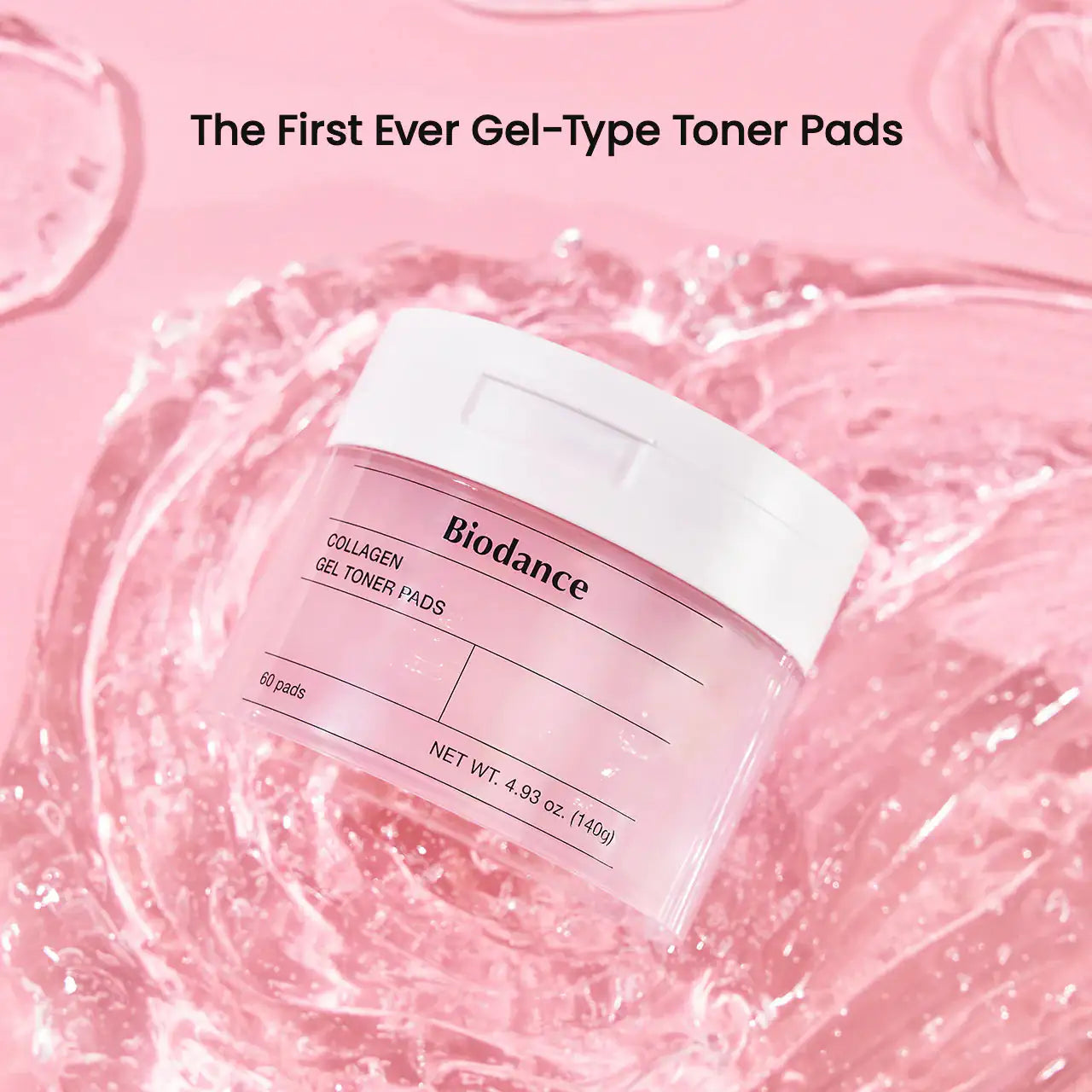 Collageen gel- toner pads pot van Biodance in roze gelspatten.