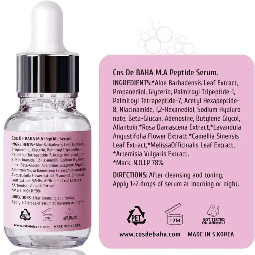 M.A peptide serumfles naast roze kaart met ingrediënten en gebruiksaanwijzing