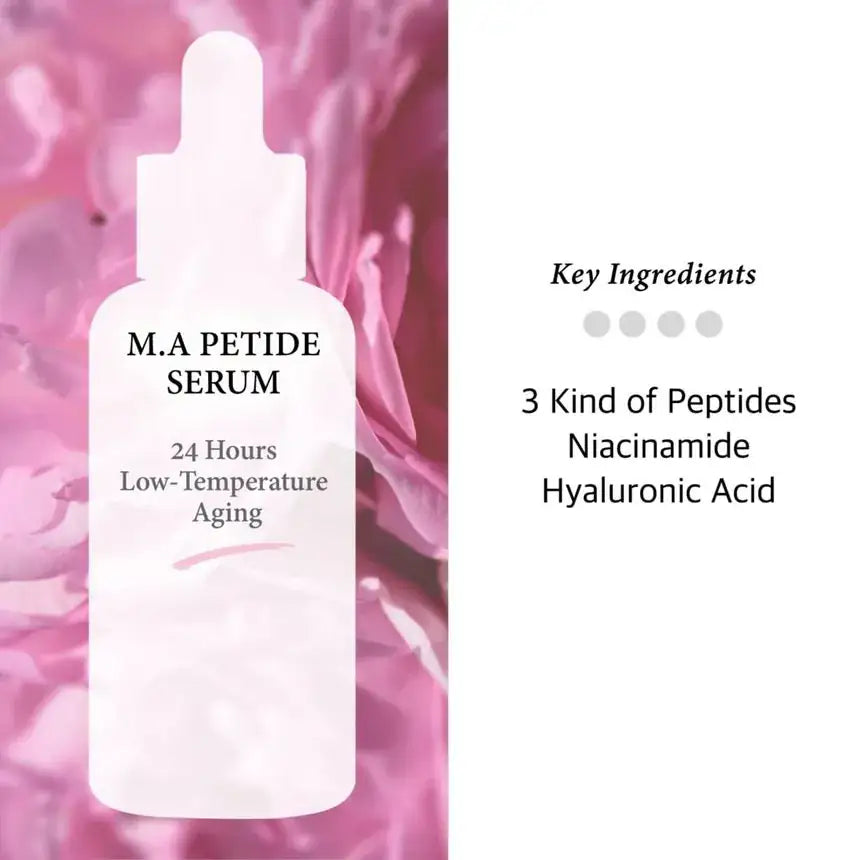 M.A peptide serumfles naast kaart met kerningrediënten en 24-uurs claim