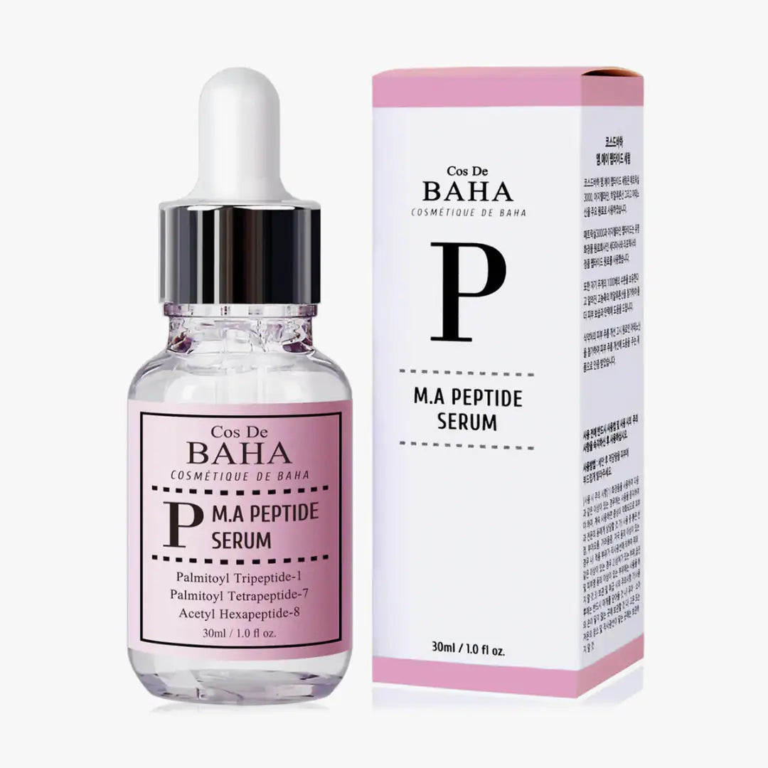 M.A peptide serumfles met druppelpomp en roze witte doosverpakking