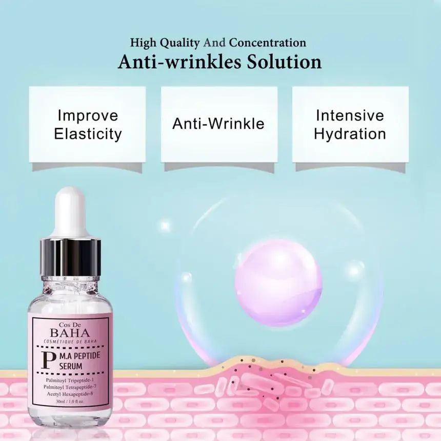 M.A peptide serumfles met blauwe infographic over anti-rimpels en hydratie