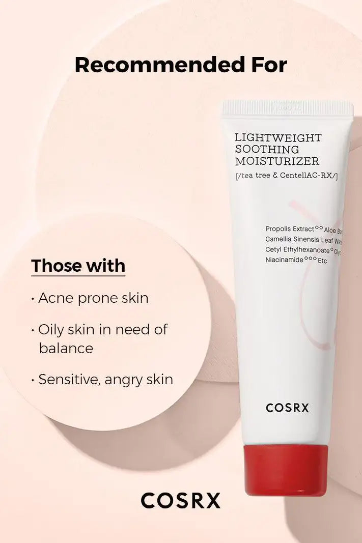COSRX lichtgewicht kalmerende moisturizer, witte tube met rode dop
