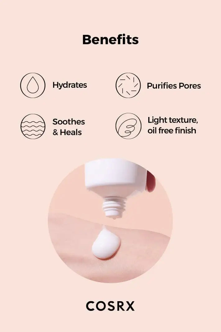COSRX lichtgewicht kalmerende moisturizer, witte tube met rode dop en crèmeknopje