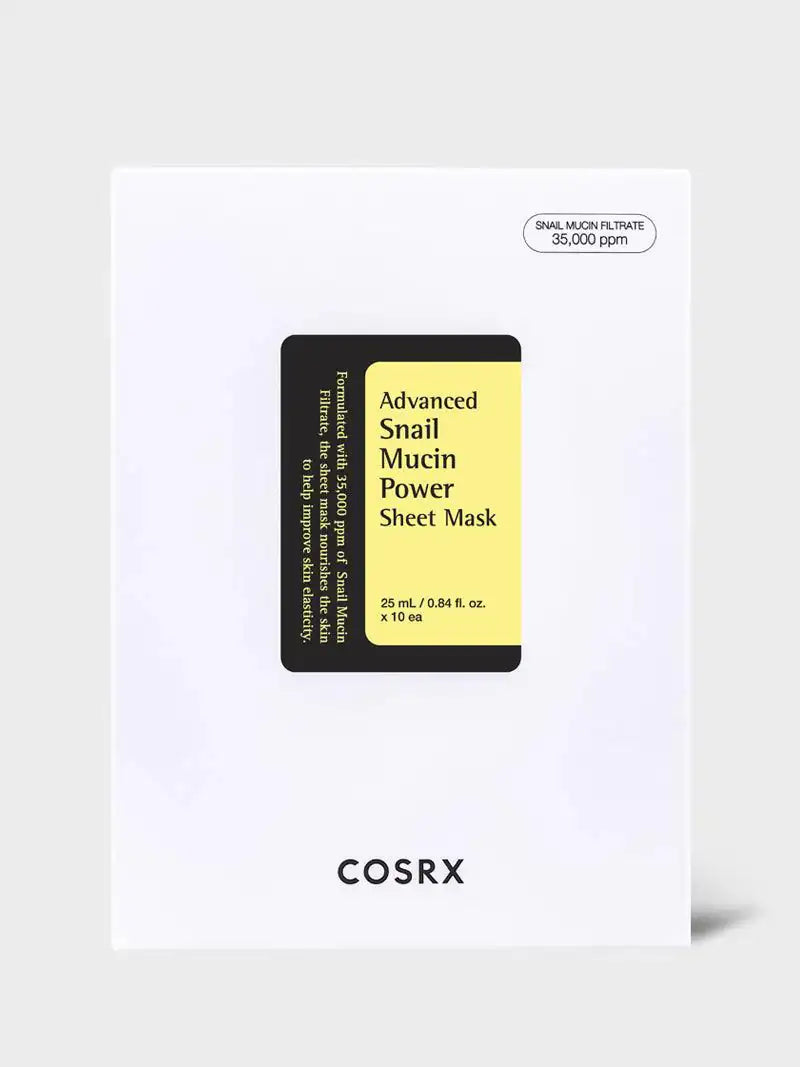 Sheetmasker met slakkenmucine essence, COSRX doos met zwart-gele opdruk