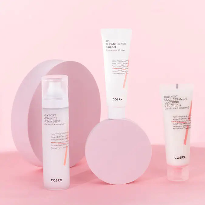 COSRX gel-crème tubes en ronde crèmepot, allemaal wit met roze accent