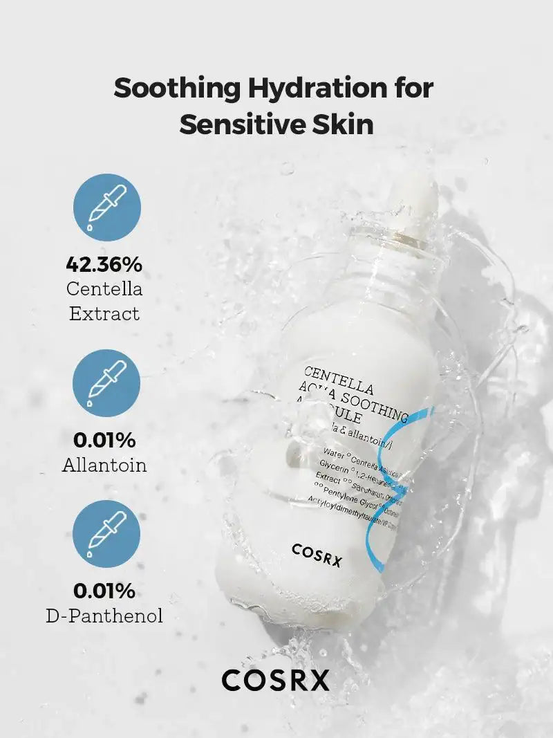 Centella Aqua Soothing-ampulflacon, witte fles met etiket en blauwe accentlijn