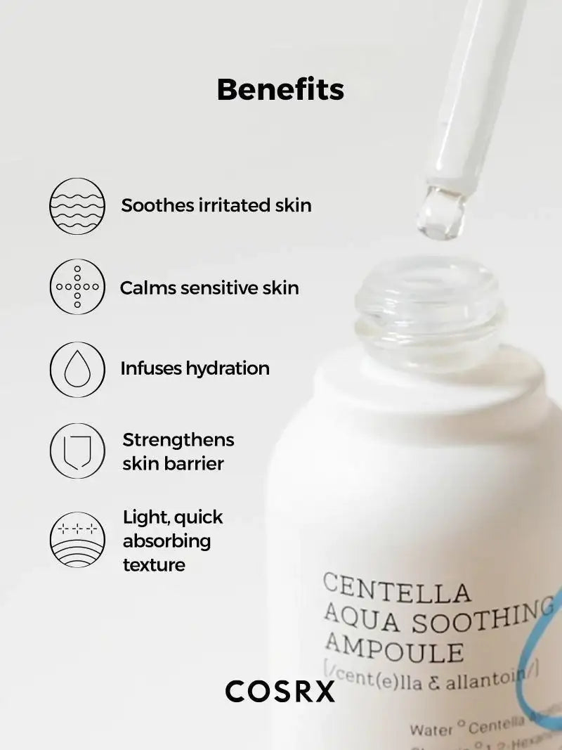 Centella Aqua Soothing-ampulflacon met transparante dop en productlabel
