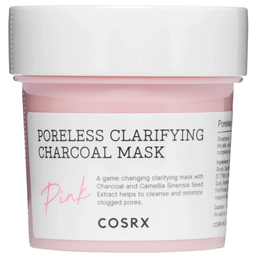 Cosrx-koolstofmasker potje met wit etiket en roze onderrand
