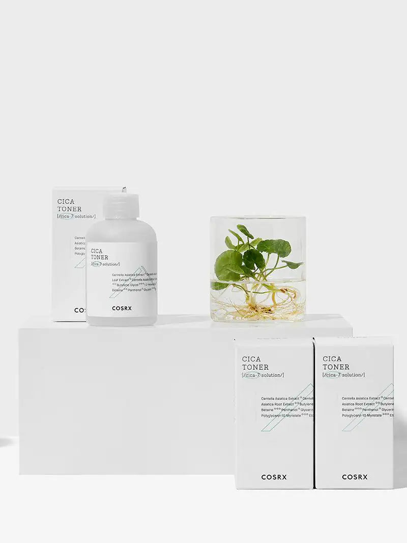 Cica-toner verpakking: fles, doosjes en meerdere etiketten, COSRX