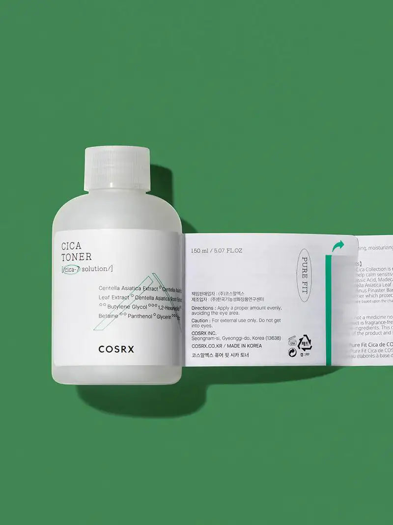 Cica-toner fles met achterzijde-etiket en gebruiksinformatie, COSRX
