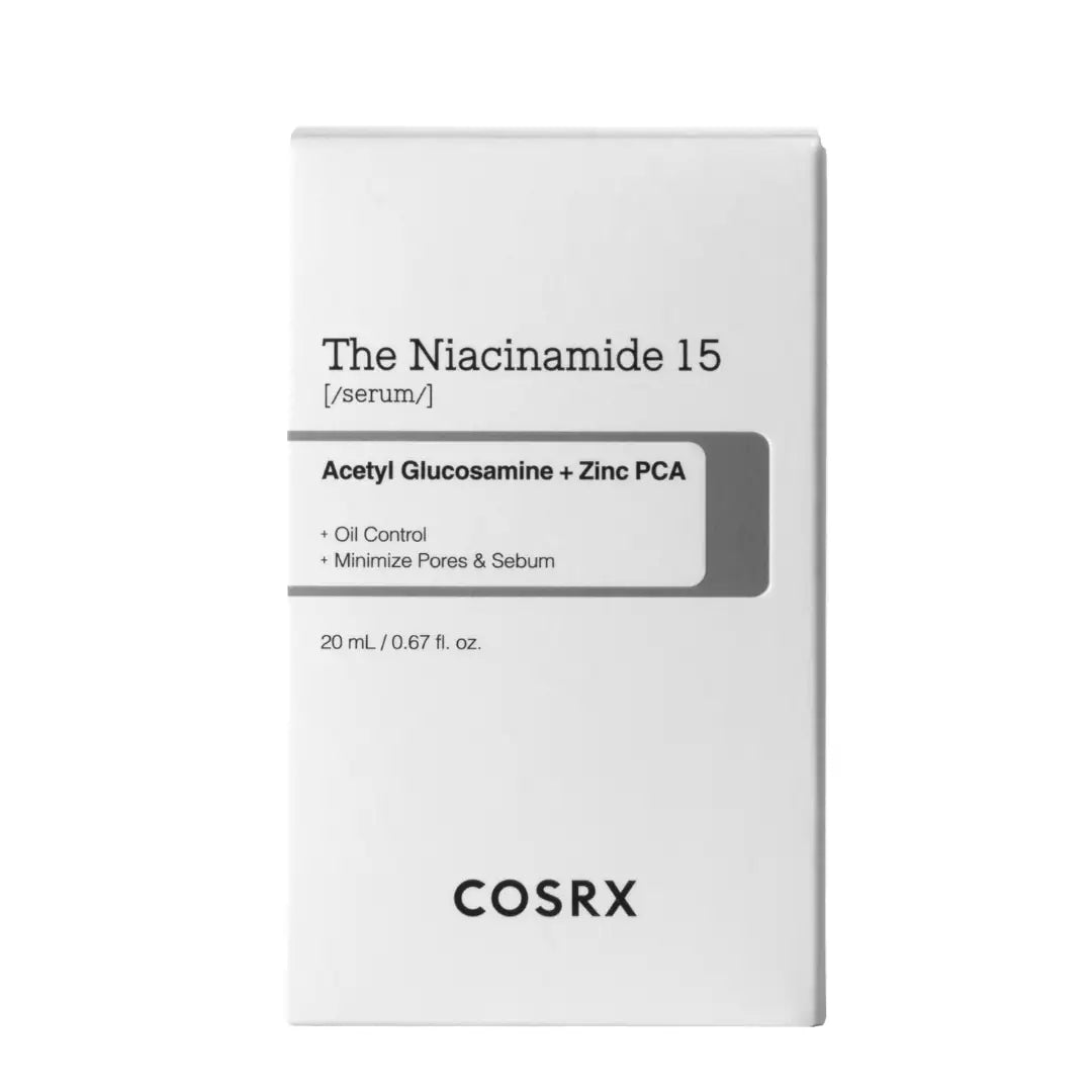 Niacinamide 15-serumverpakking, witte doos met zwarte opdruk en COSRX-logo
