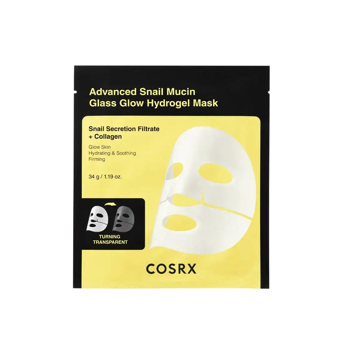 COSRX hydrogel gezichtsmasker, kartonnen verpakking en wit transparant maskerscherm