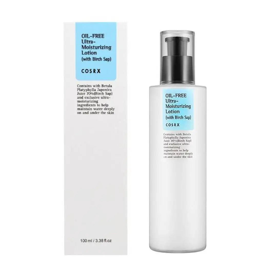 Olievrije hydraterende lotionfles met zilveren pomp en productkaart.