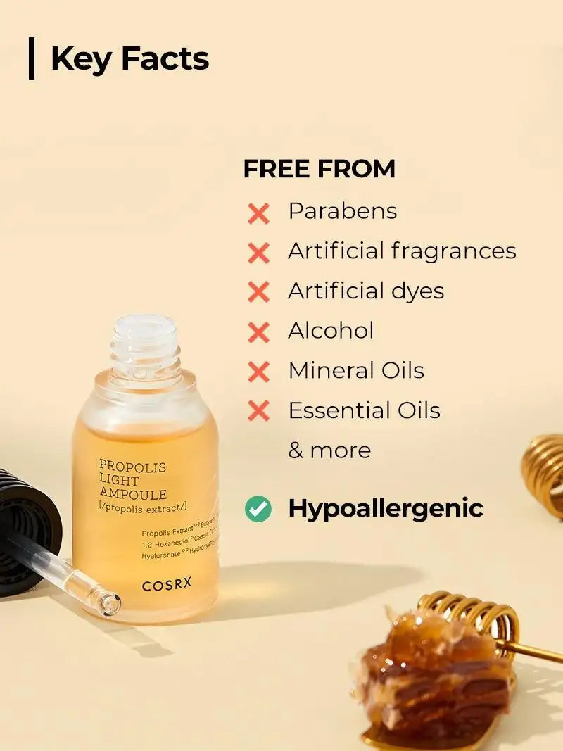 Propolis-lichte ampul met glazen flesje, open pipet en amberkleurige vloeistof, COSRX