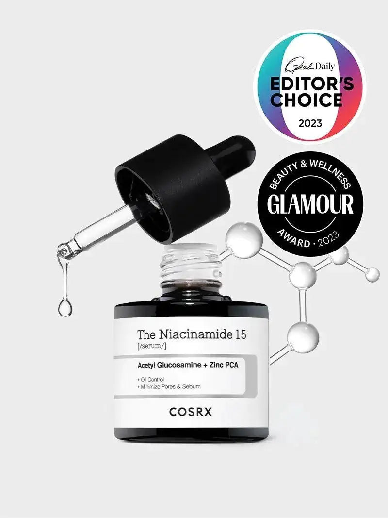 Niacinamide 15-serumfles met pipet, zwarte dop en witte etiket op glazen verpakking