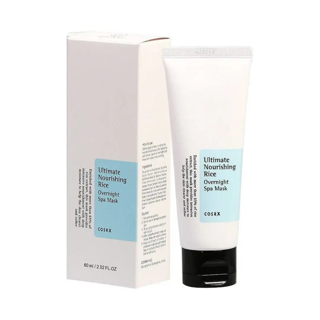 Rijstspa-masker tube met bijpassende witte doos en blauwe COSRX-label
