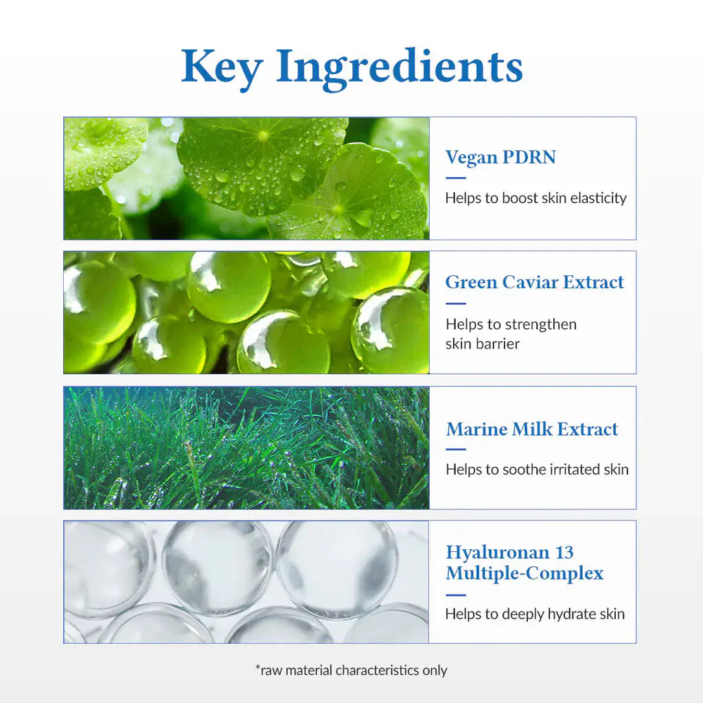 Infographic met kerningrediënten: vegan PRDN, green caviar, marine milk.