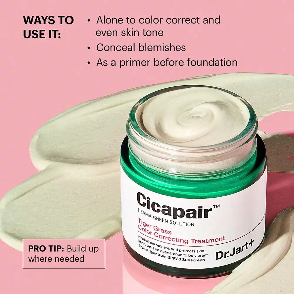 Dr. Jart+ Cicapair Tiger grass color correcting treatment Cicapair tijgergras kleurcorrecterende treatmentpot met open deksel en crème