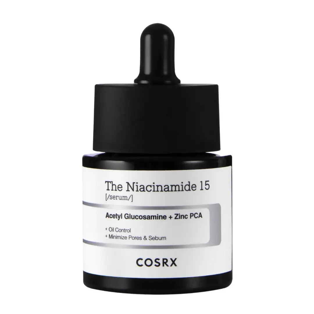 Niacinamide 15-serumfles met zwarte druppeldop en witte etiket