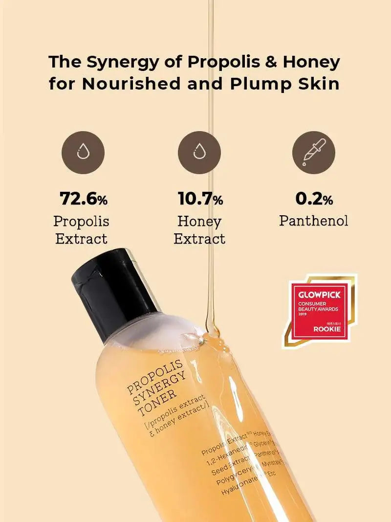 COSRX propolis-synergy tonerfles met zwarte dop en druppel amberkleurige vloeistof.