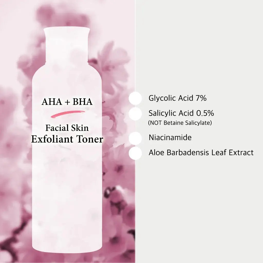 AHA+BHA gezichtsexfoliant toner, witte fles met ingrediëntenopsomming
