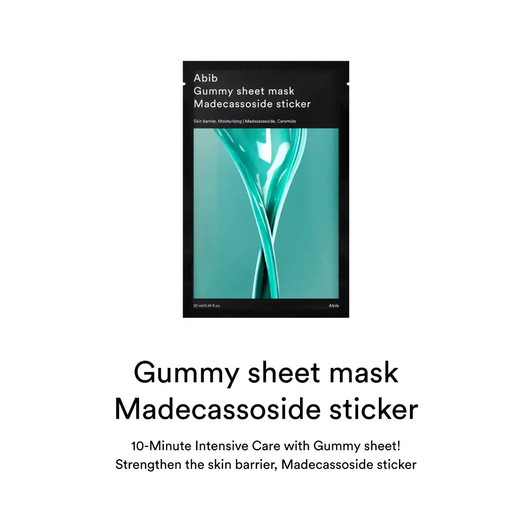 Abib Gummy sheet mask Madecassoside sticker Gummy sheet mask verpakking, klein formaat, met groen/blauwe gelillustratie