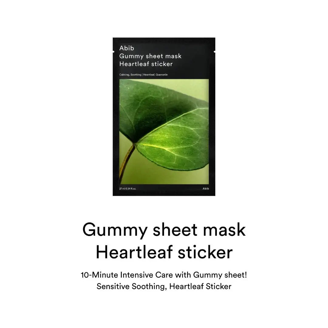Abib Gummy Sheet Mask Heartleaf Sticker Sheetmasker verpakking met Abib-merk en groene heartleaf-bladafbeelding