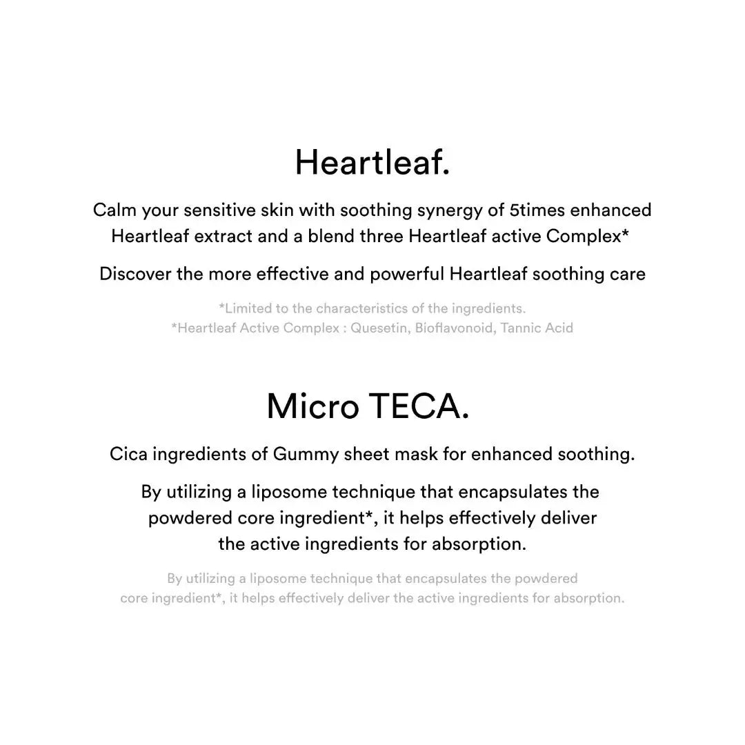 Abib Gummy Sheet Mask Heartleaf Sticker Masker-info kaart met Heartleaf- en Micro TECA-tekst op wit