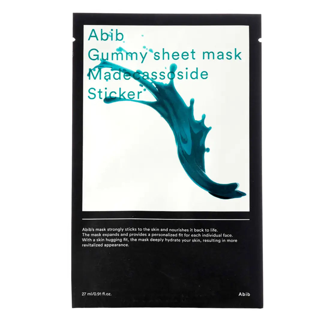 Abib Gummy sheet mask Madecassoside sticker Sheet mask sticker verpakking in zwart met blauwe druppelillustratie