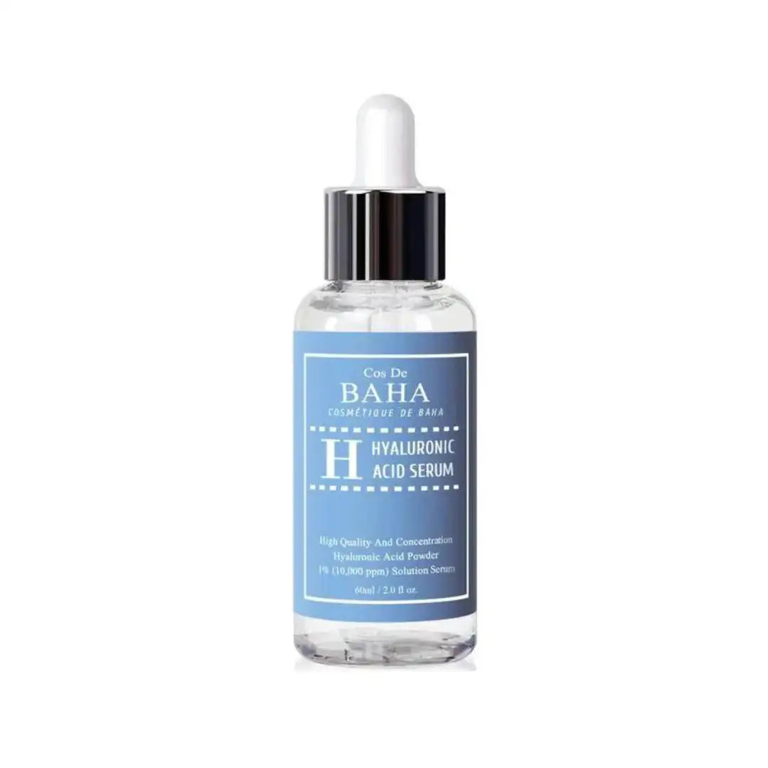 Hyaluronzuur serum in doorzichtige fles met zwarte dop en blauw etiket