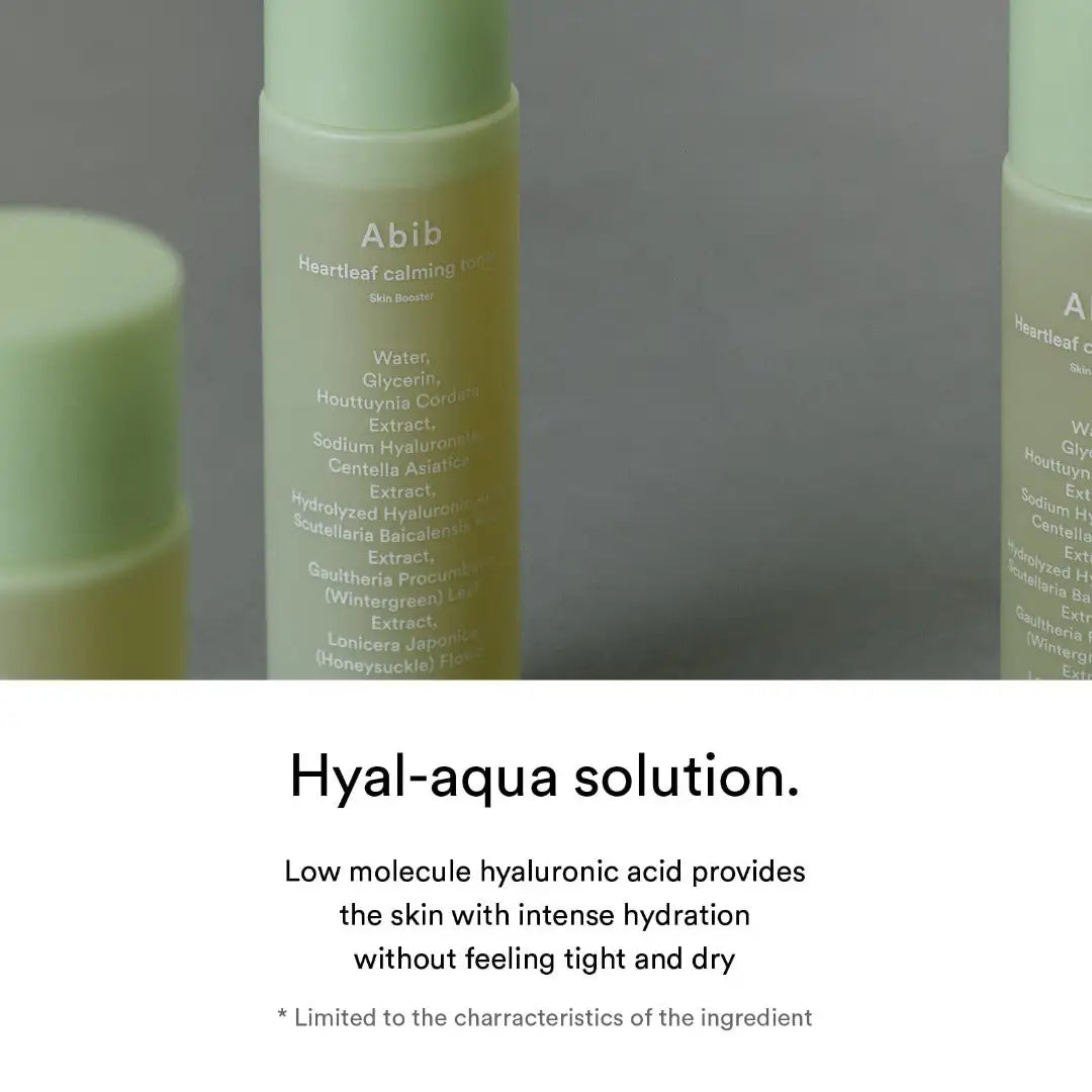 Abib Heartleaf Calming Toner Skin Booster Close-up van groene Abib tonerfles met etiket