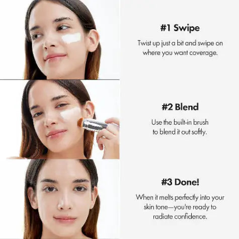 Cover-crèmestift Blanc met applicatie op gezicht in drie stappen