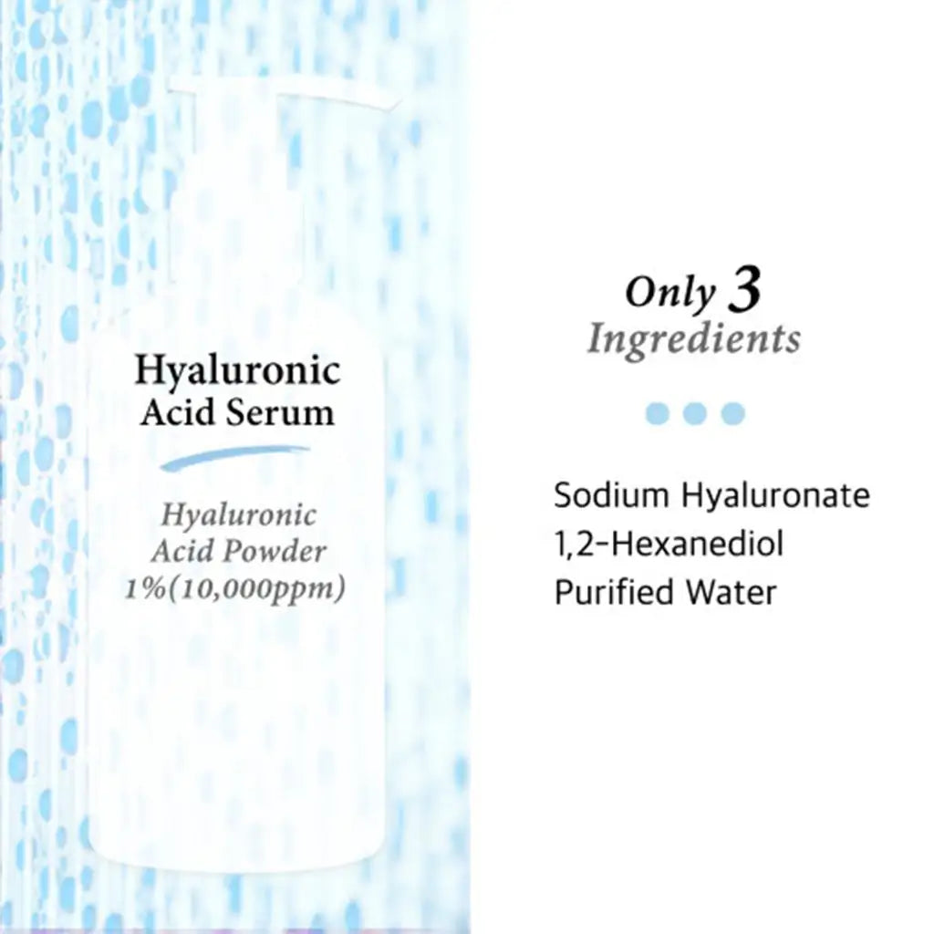 Hyaluronzuur serum met ingrediëntenlabel en lijst met 3 bestanddelen