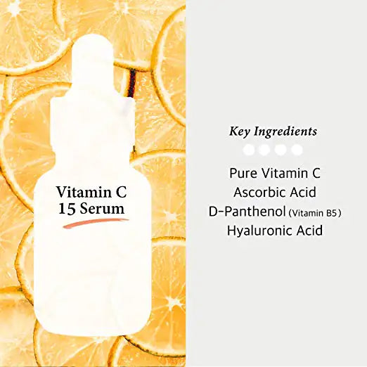 Vitamine C 15-serumflesje met druppelaar, omgeven door citroenillustraties.