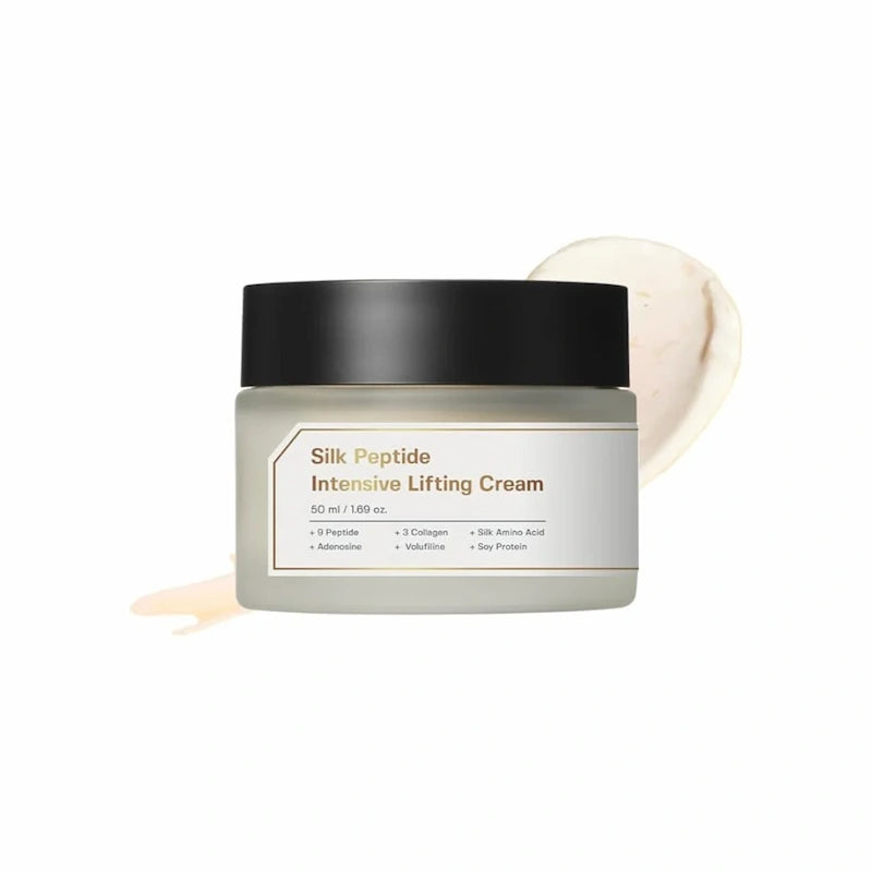 SUNGBOON EDITOR Silk Peptide Intensive Lifting Cream 50 ml in een pot met zwart deksel en een crèmestreek op een witte achtergrond.